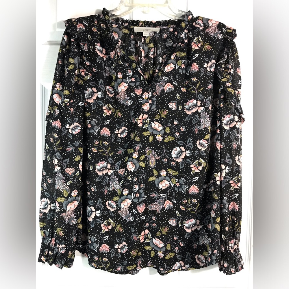 Loft Floral Long-Sleeve - Black with Pink & Green Floral Blouse S